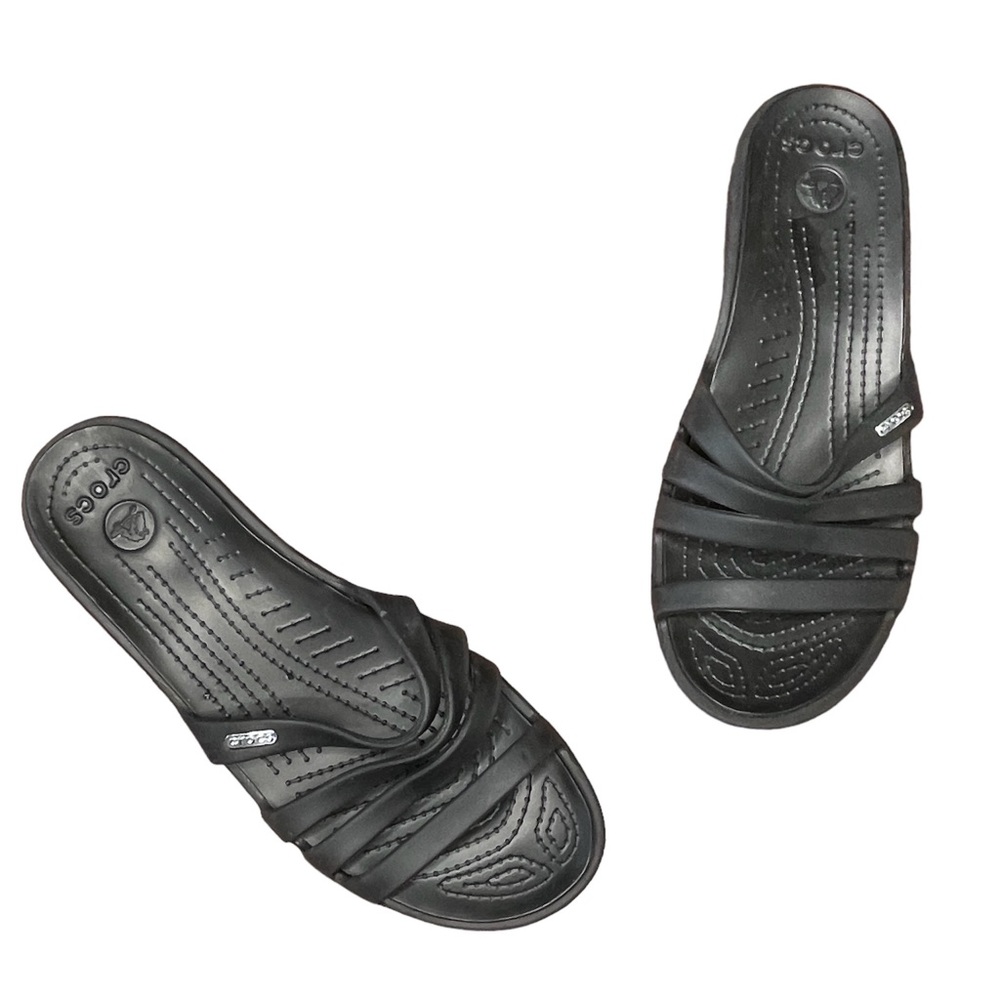 Black Crocs Rhonda 4 Strap Wedge Sandal Comfort Slide Shoe Molded Womens Size 11